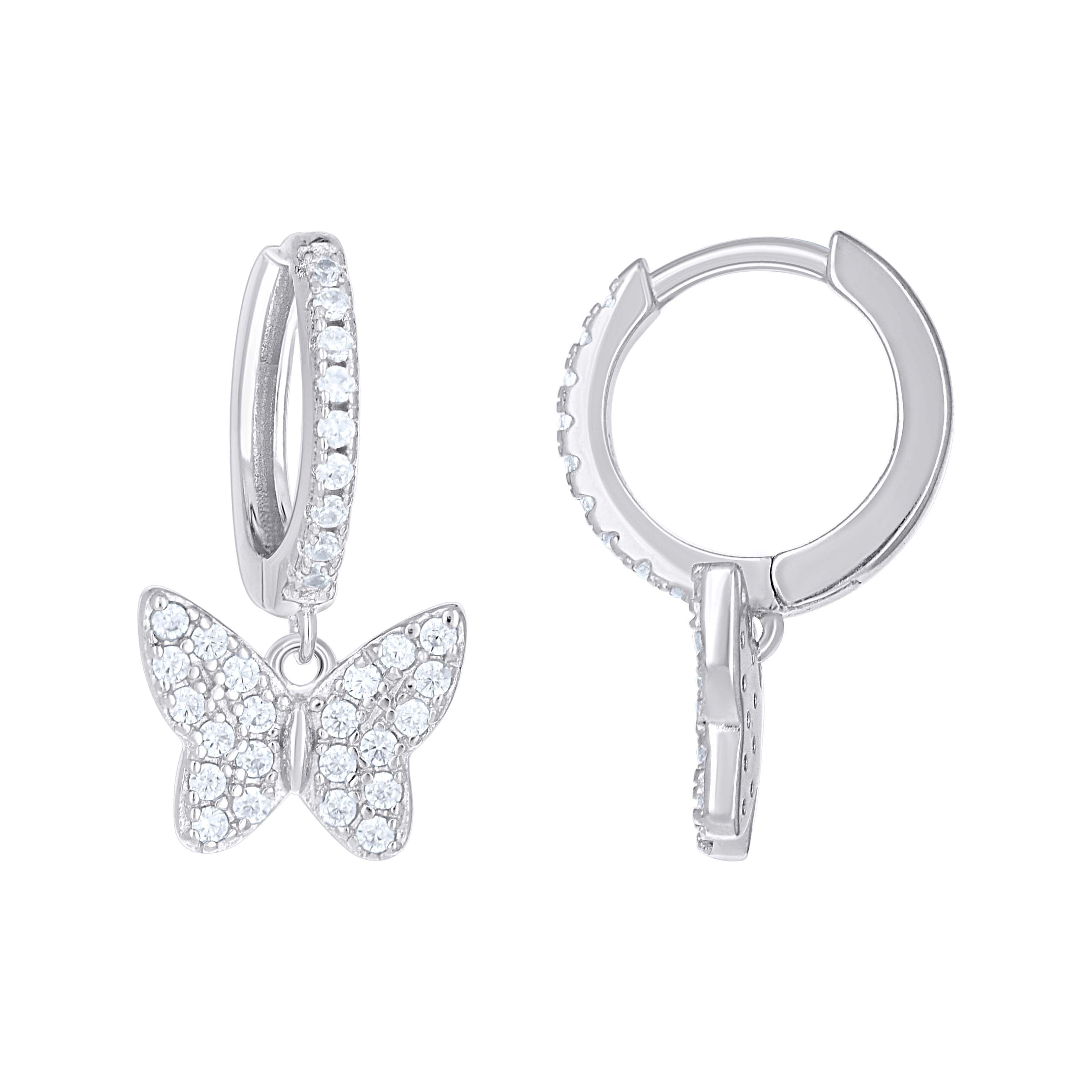 925 Sterling Silver Womens Cubic-Zirconia Butterfly Dangle Hoop Earrings