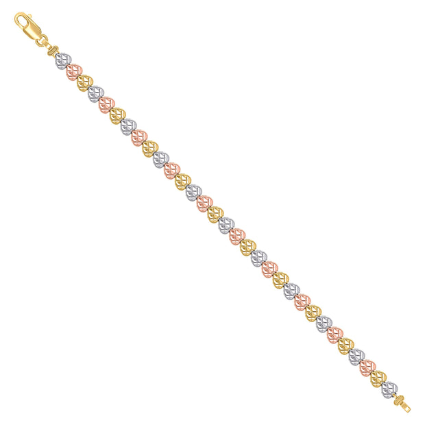 14kt Tri-Color Gold Womens Hearts Link Bracelet Size 7.5 Inches