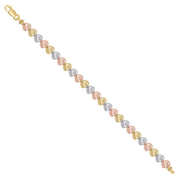 14kt Tri-Color Gold Womens Hearts Link Bracelet Size 7.5 Inches