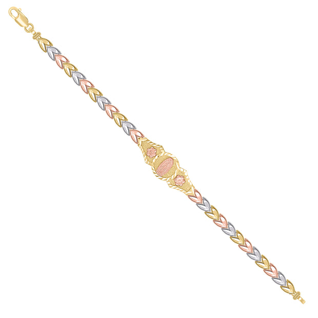 14kt Tri-Color Gold Womens Virgin Mary Guadalupe Religious Charm Bracelet Size 7.5 Inches