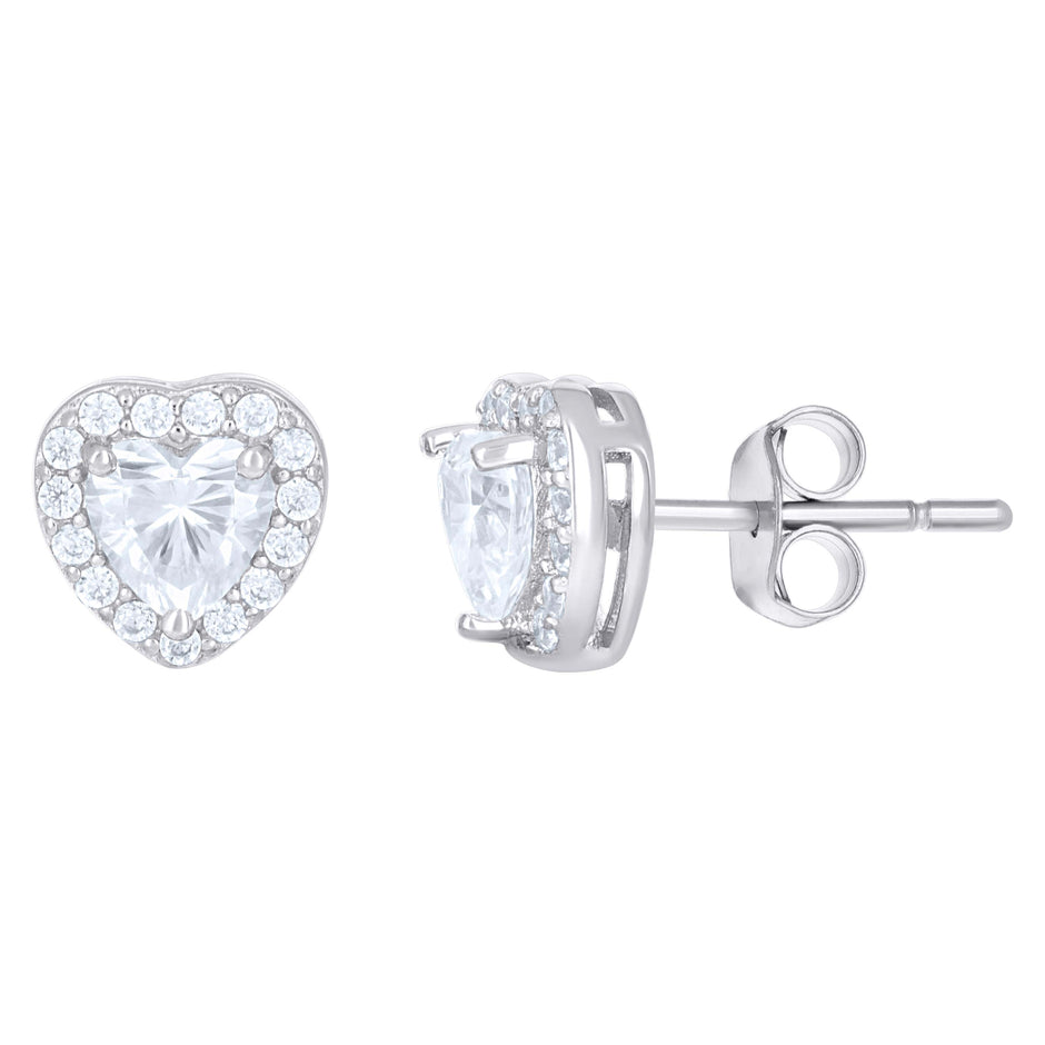 925 Sterling Silver Womens Heart Round Cubic-Zirconia Heart Stud Earrings