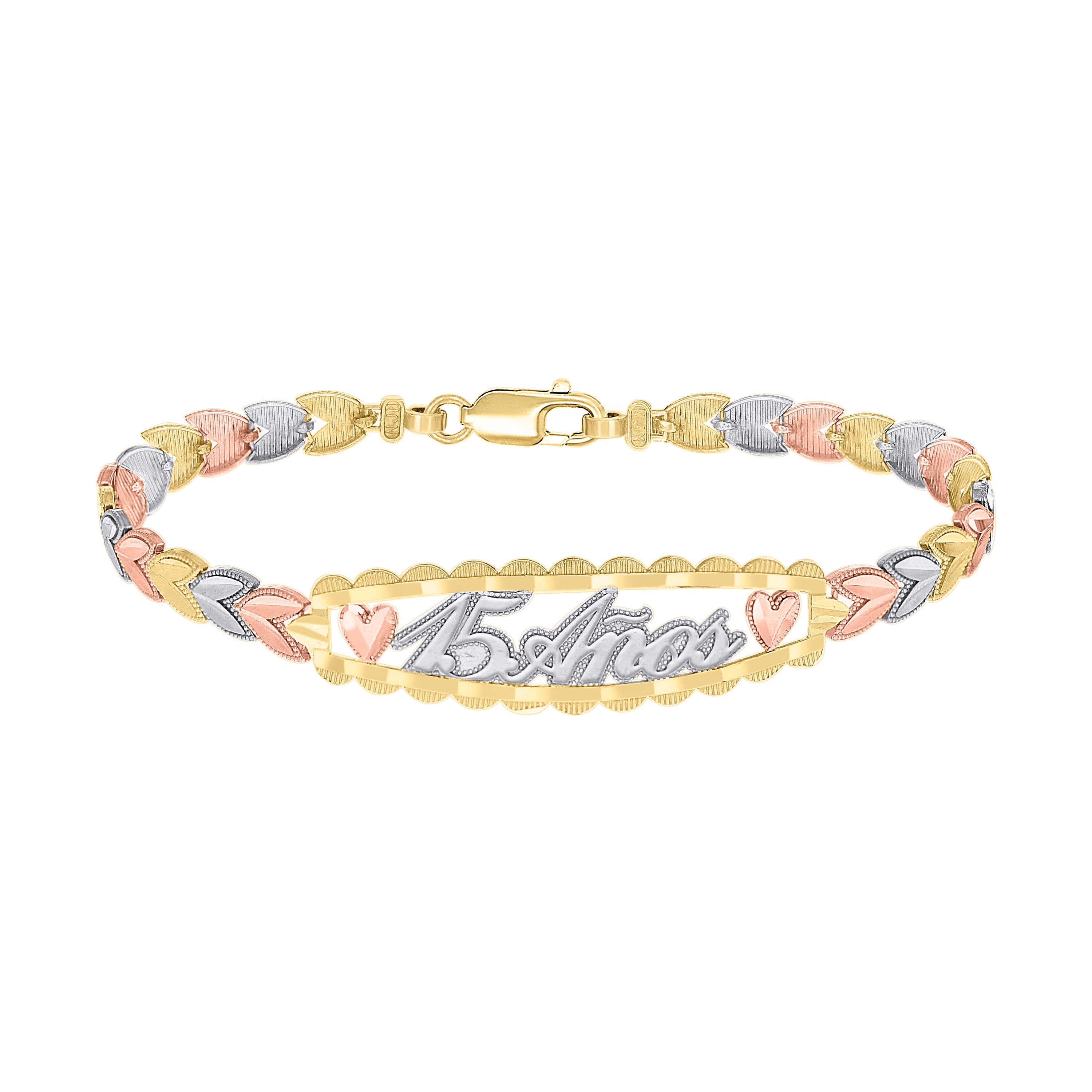 14kt Tri-Color Gold Womens 15 Anos Quinceanera Charm Bracelet Size 7.5 Inches