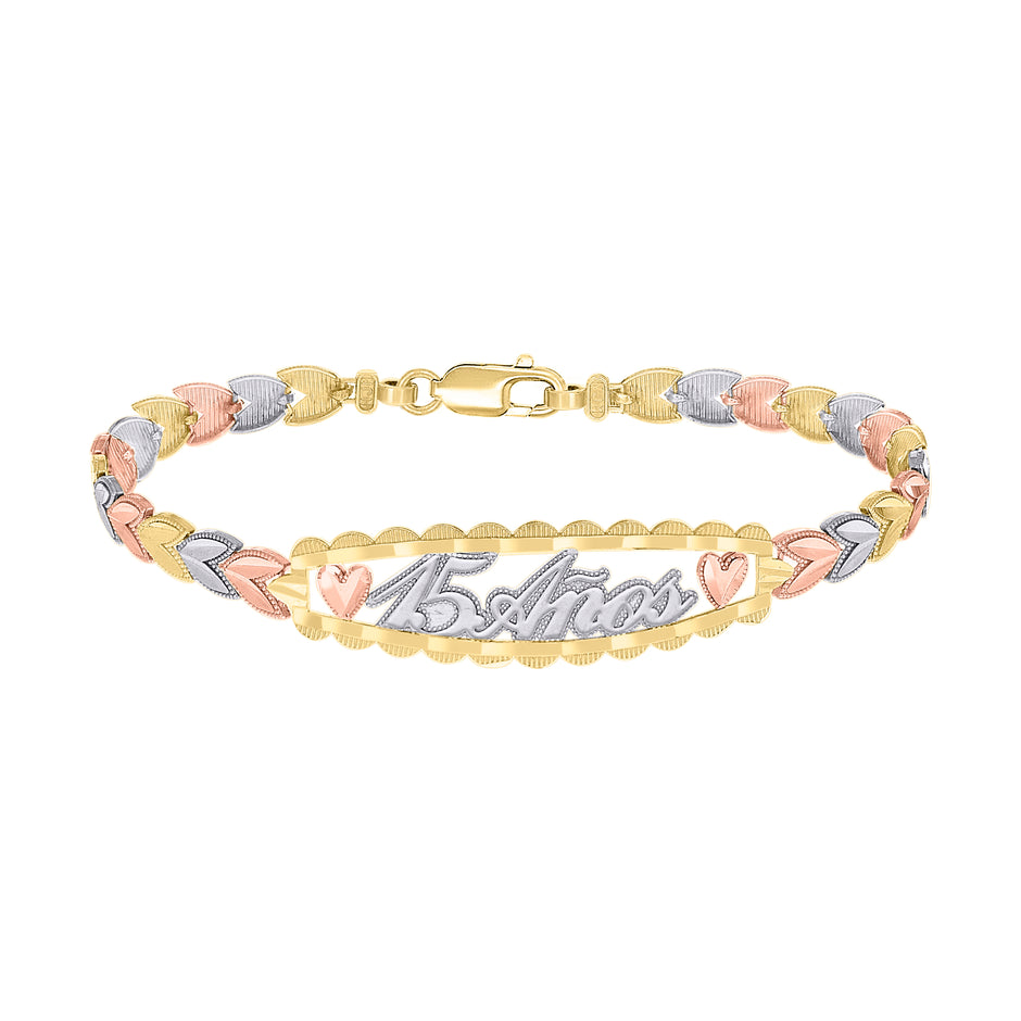 14kt Tri-Color Gold Womens 15 Anos Quinceanera Charm Bracelet Size 7.5 Inches