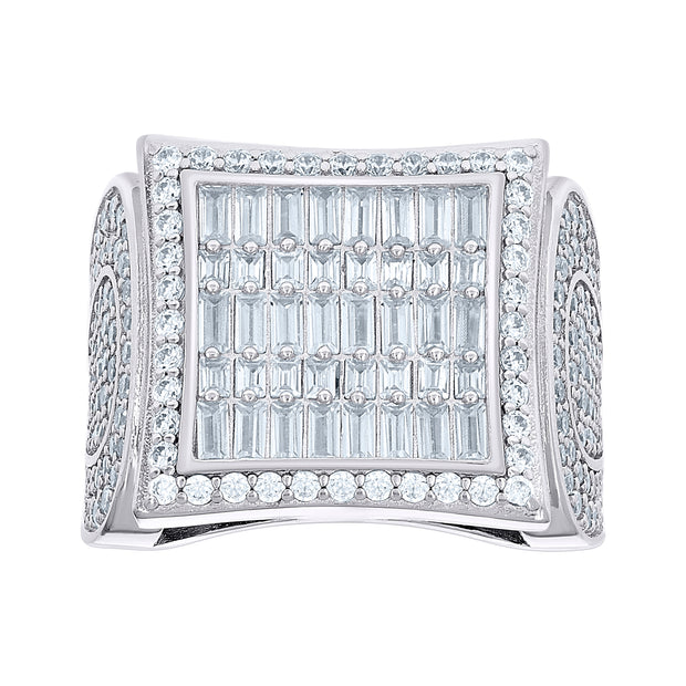 925 Sterling Silver Mens 2.99ctRound , 2.14ct Baguette Moissanite Square Head Fashion Ring Size 10