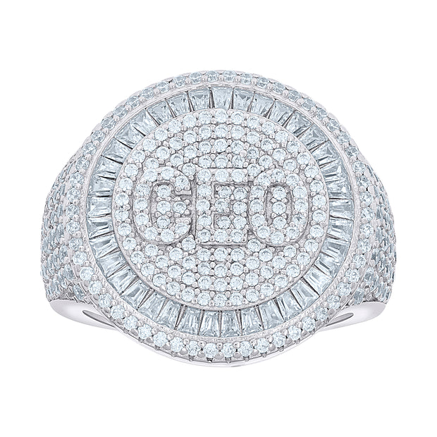 925 Sterling Silver Mens 2.30ct Round, 1.37ct Baguette Moissanite CEO Round Head Fashion Ring Size 10