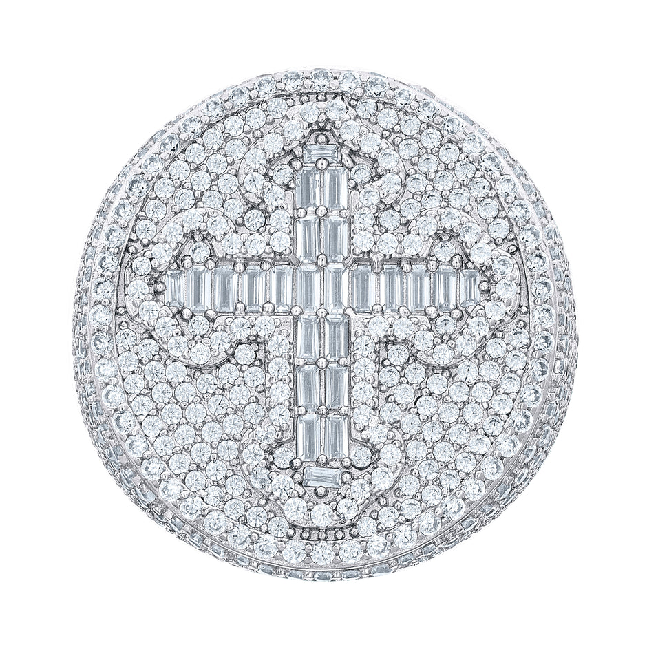 925 Sterling Silver Mens 4.88ct Round, 0.83ct Baguette Moissanite Cross Religious Ring Size 10