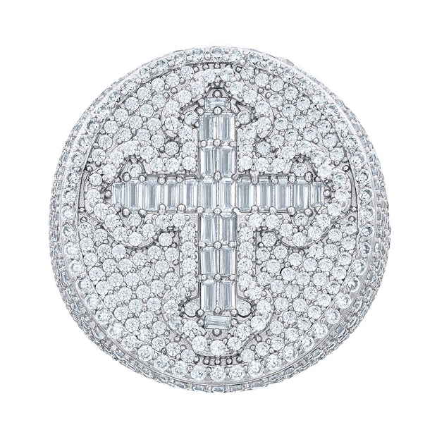 925 Sterling Silver Mens 4.88ct Round, 0.83ct Baguette Moissanite Cross Religious Ring Size 12 - SLV-139728