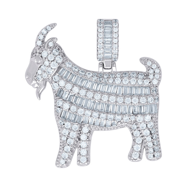 925 Sterling Silver Mens Round Baguette 1.31ct, 1.39ct Moissanite Goat Animal Wildlife Charm Pendant