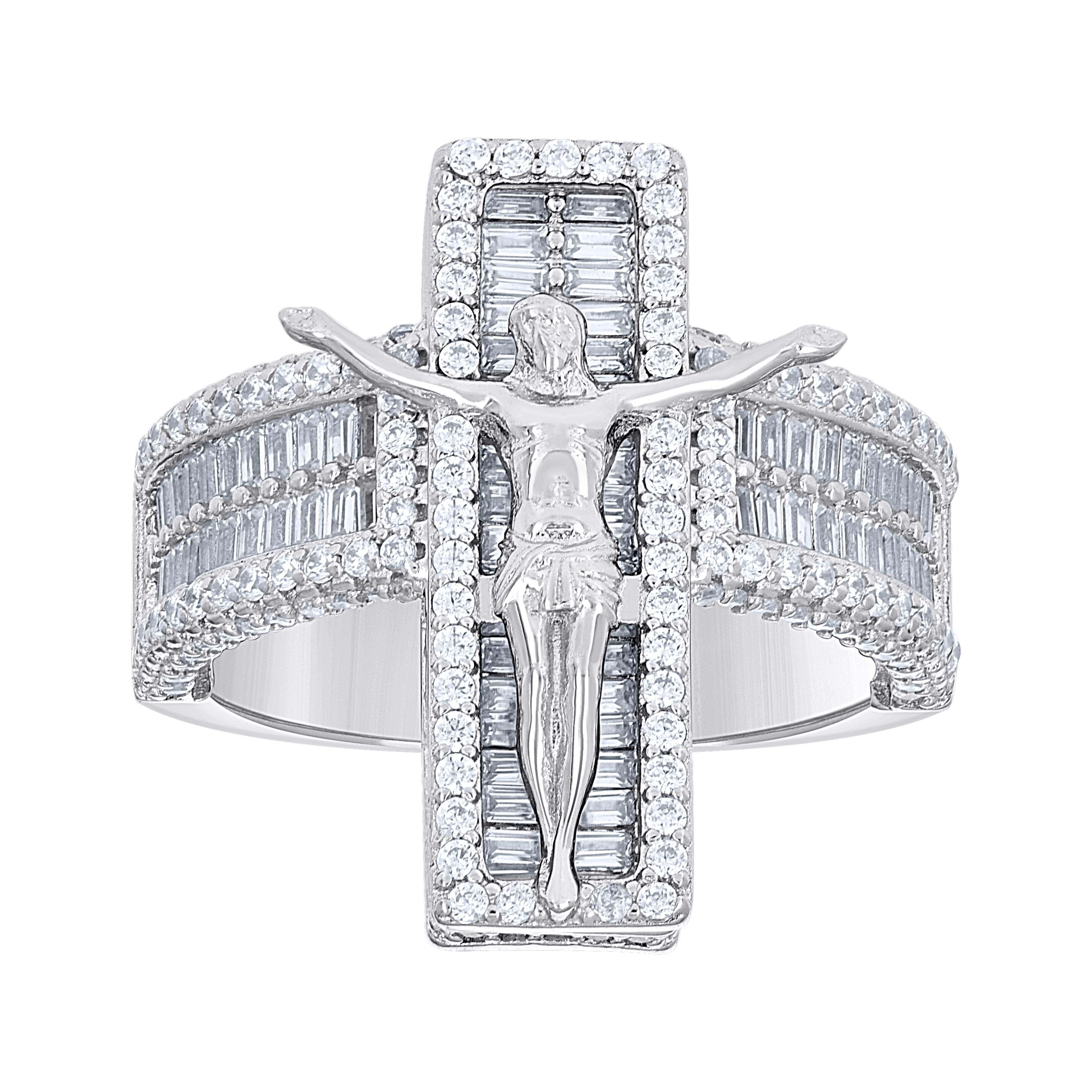 925 Sterling Silver Mens Baguette Round Cubic-Zirconia Crucifix Religious Ring S12 - SLV-141757