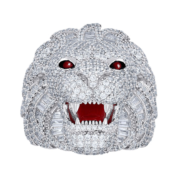 925 Sterling Silver Mens Baguette Round Cubic-Zirconia Lion Head Enameled Wildlife Ring S9