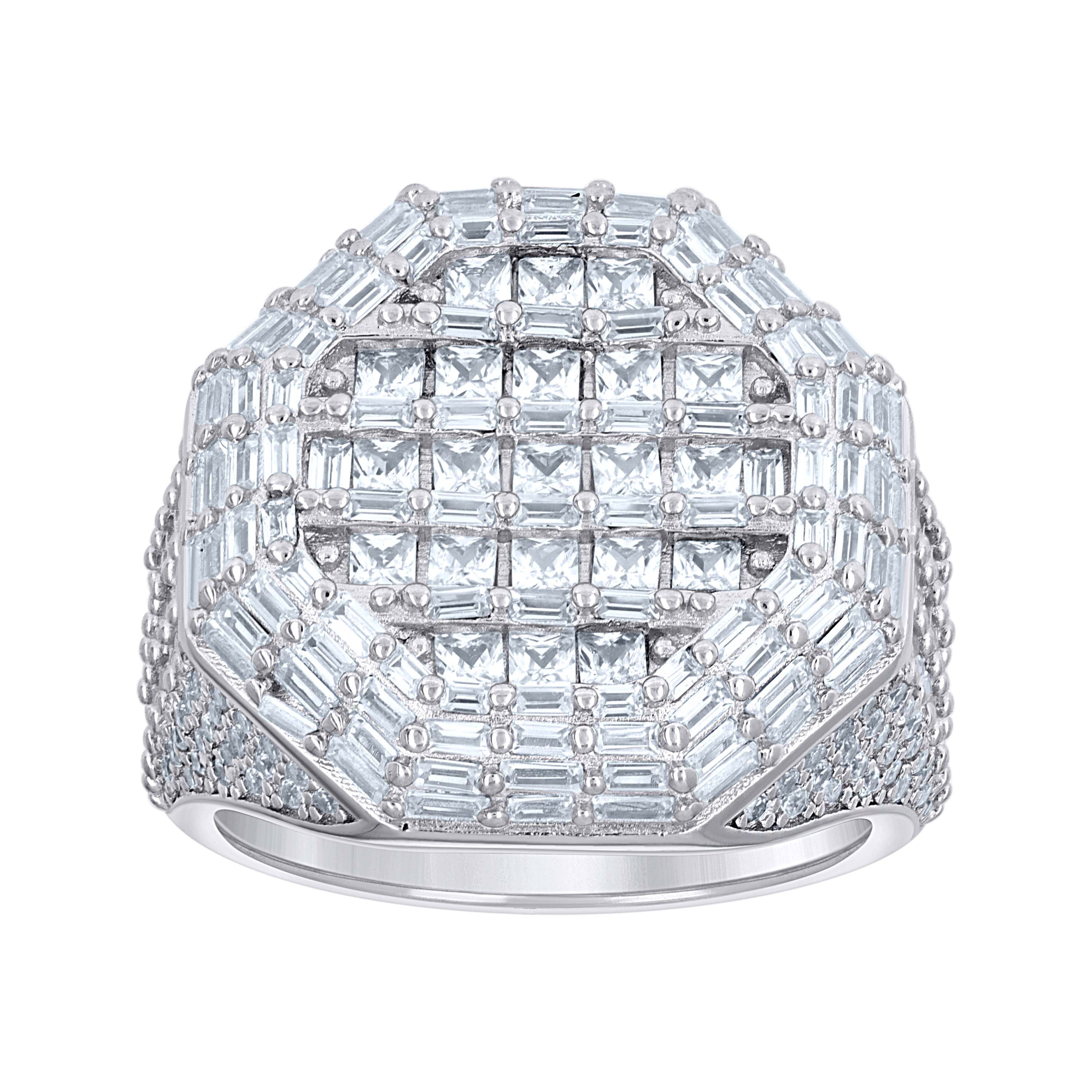 925 Sterling Silver Mens Princess-Cut/Baguette Round Cubic-Zirconia Octagon Head Fashion Ring S9