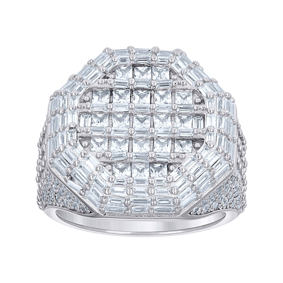 925 Sterling Silver Mens Princess-Cut/Baguette Round Cubic-Zirconia Octagon Head Fashion Ring S12 - SLV-141745