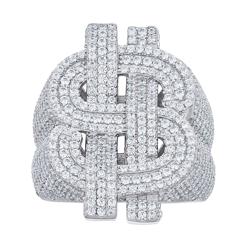925 Sterling Silver Mens Cubic-Zirconia Dollar Sign Currency Ring S10