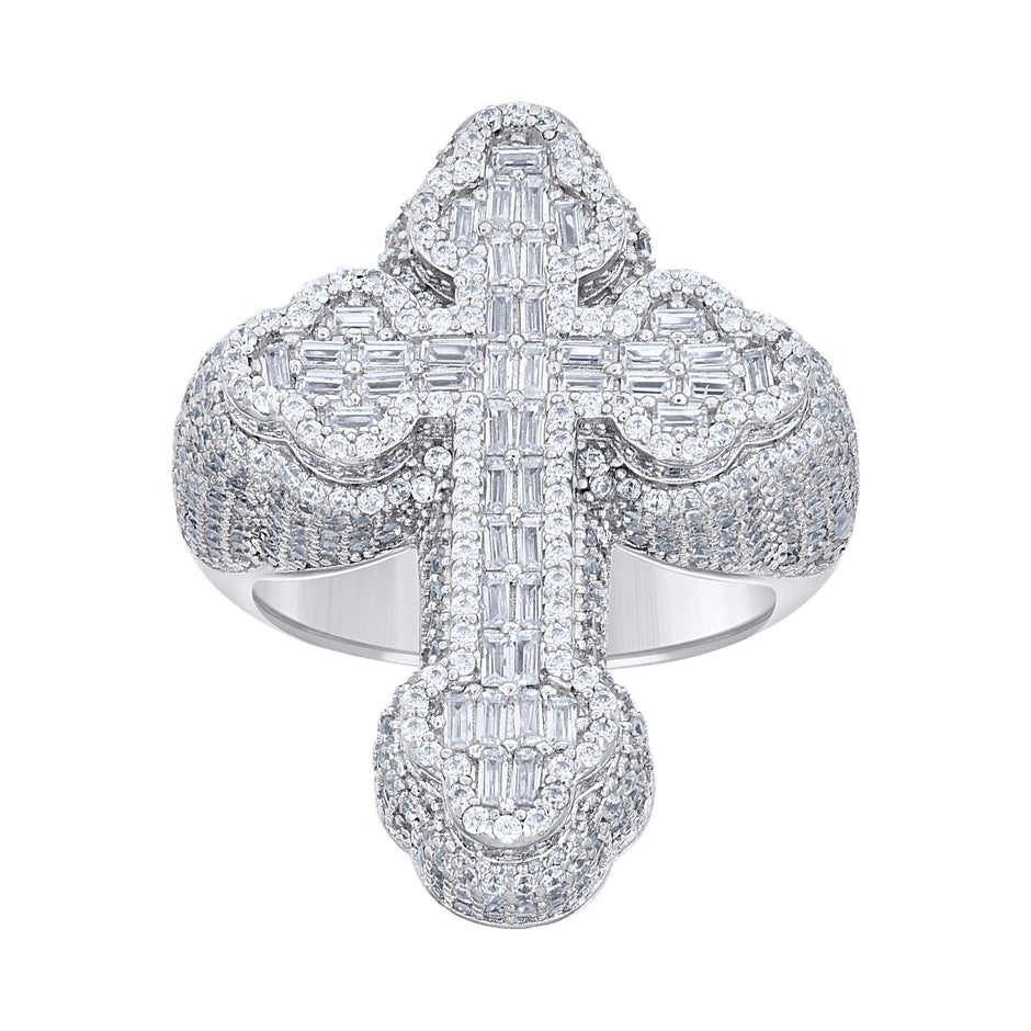 925 Sterling Silver Mens Baguette Round Cubic-Zirconia Cross Religious Ring S11 - SLV-141750
