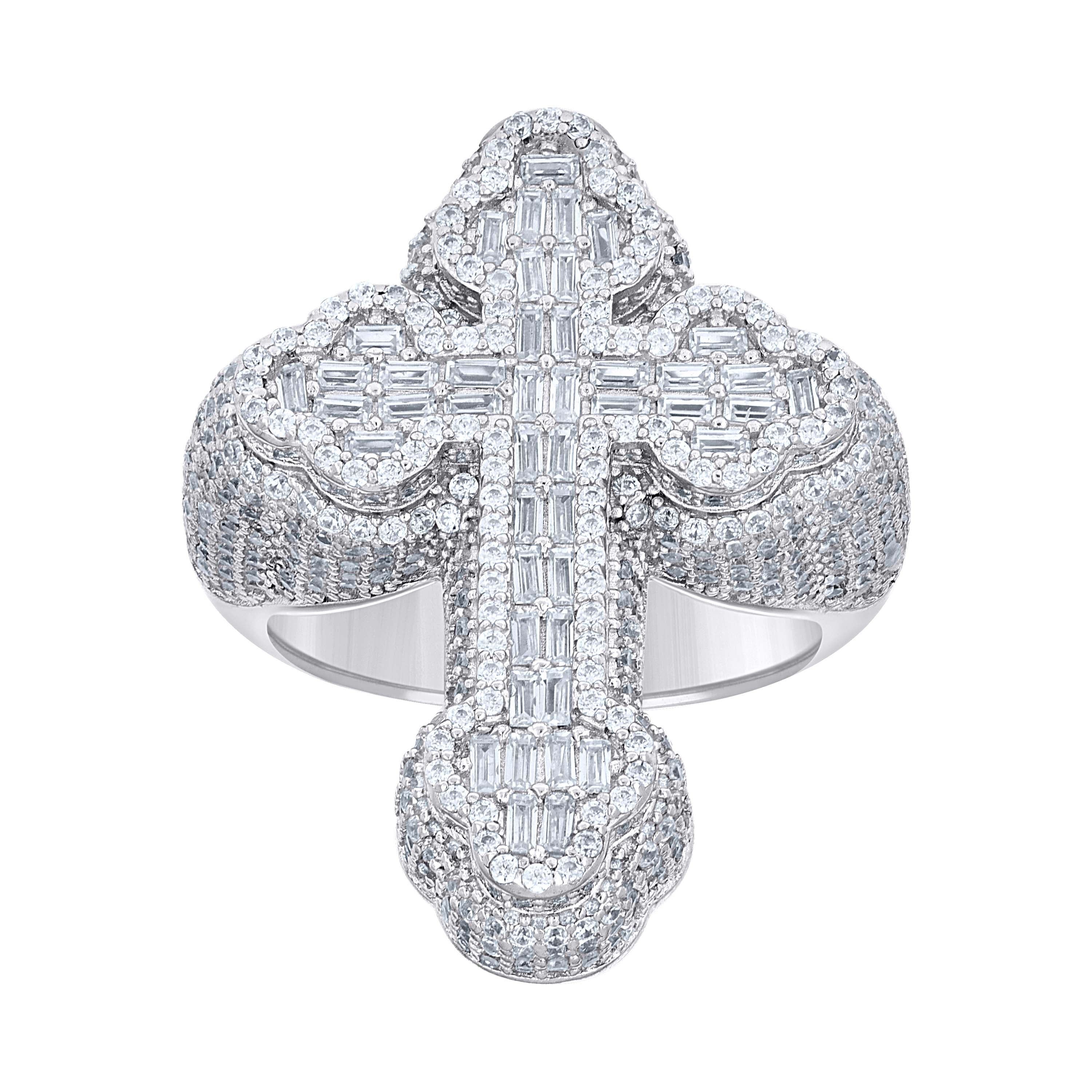 925 Sterling Silver Mens Baguette Round Cubic-Zirconia Cross Religious Ring S12 - SLV-141751