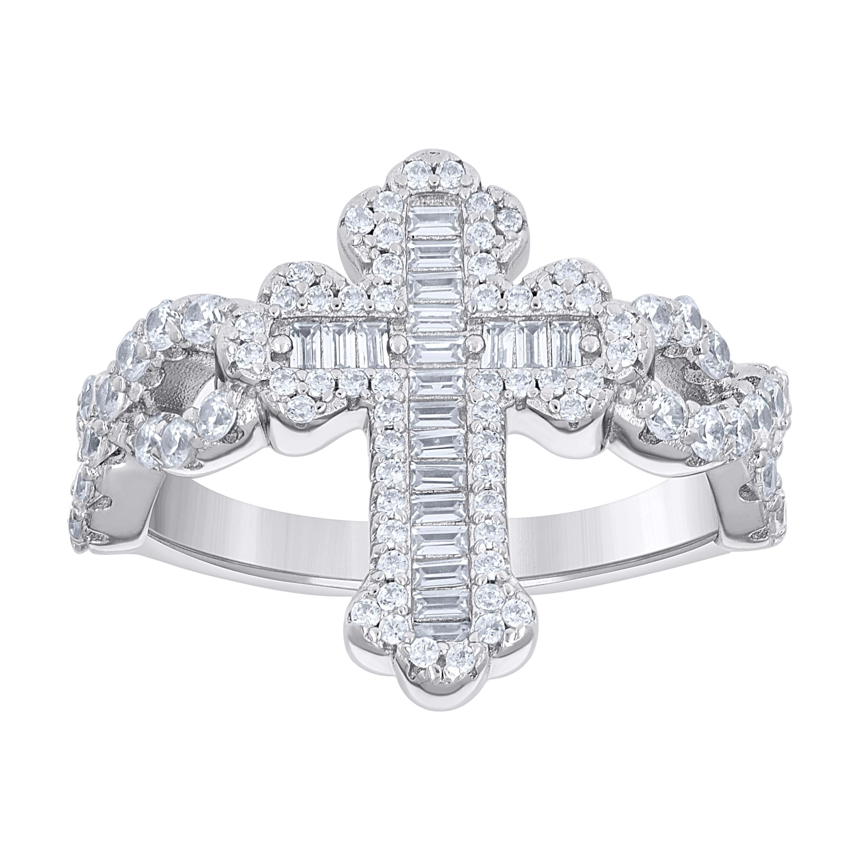 925 Sterling Silver Mens Baguette Round Cubic-Zirconia Cross Religious Ring S8 - SLV-141759
