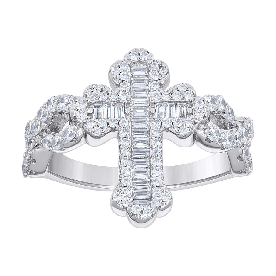 925 Sterling Silver Mens Baguette Round Cubic-Zirconia Cross Religious Ring S10 - SLV-140126