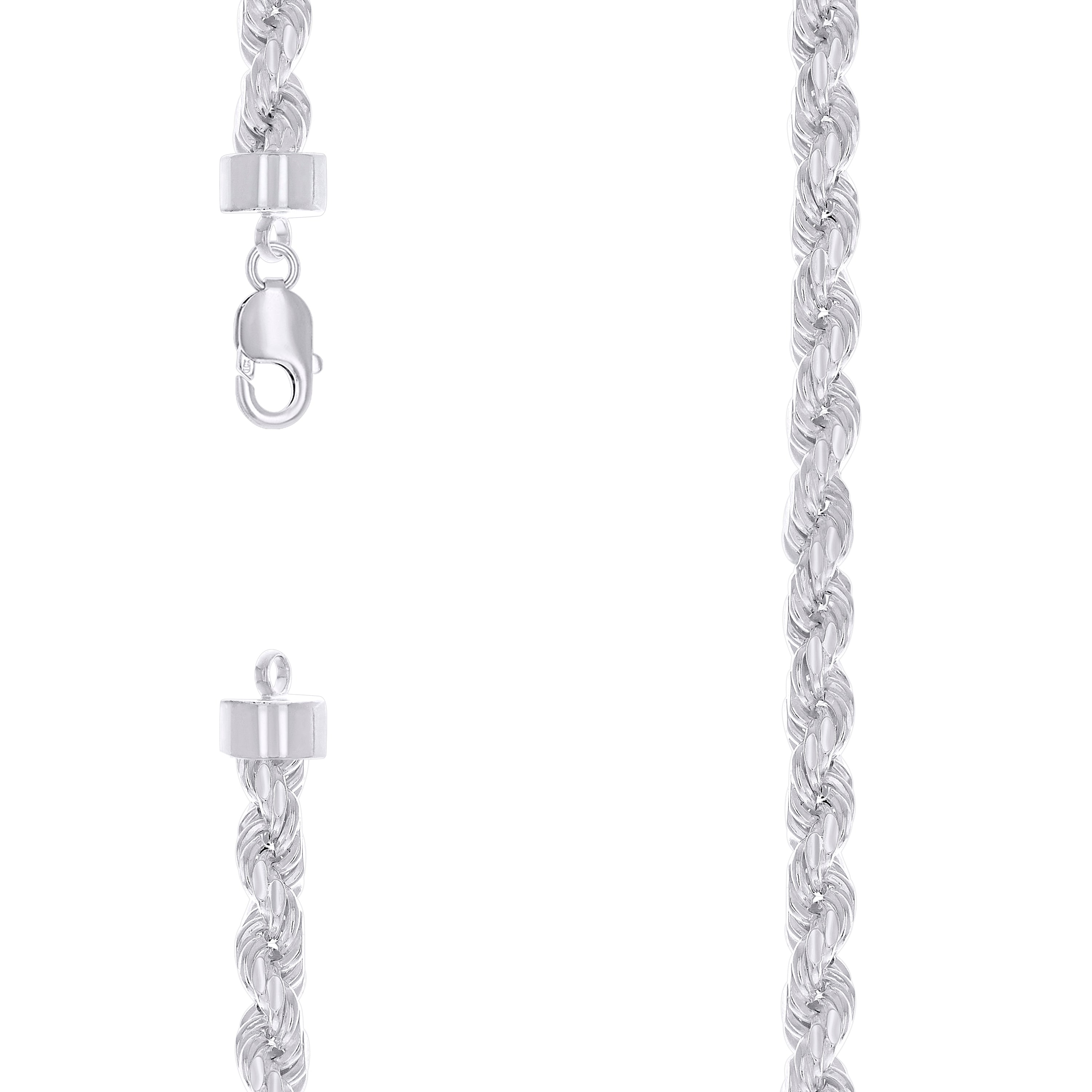 925 Sterling Silver Hollow Rope Chain Rhodium 150 7.5mm-22