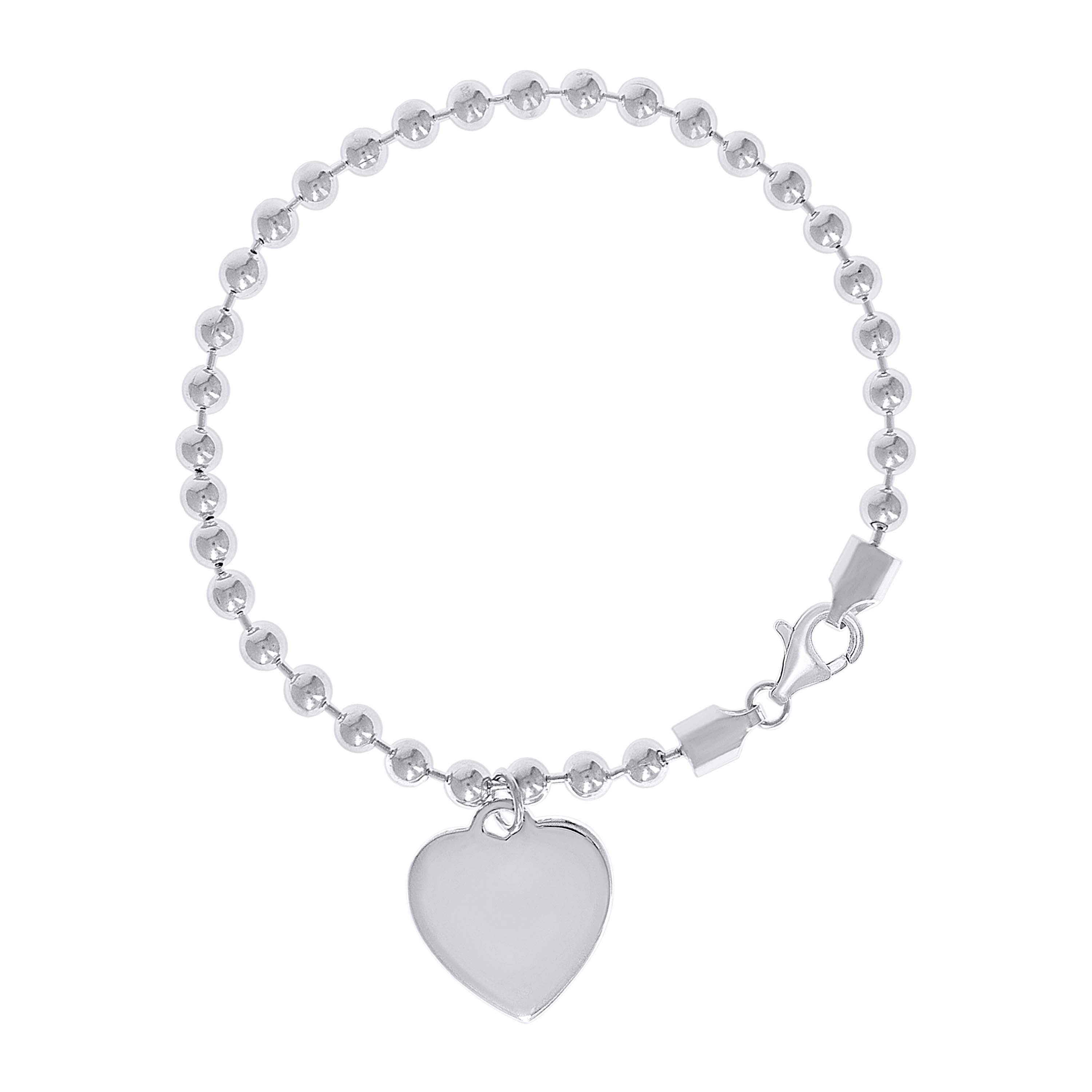 925 Sterling Silver Womens Heart Charm Beaded Bracelet Size 7.5 Inches
