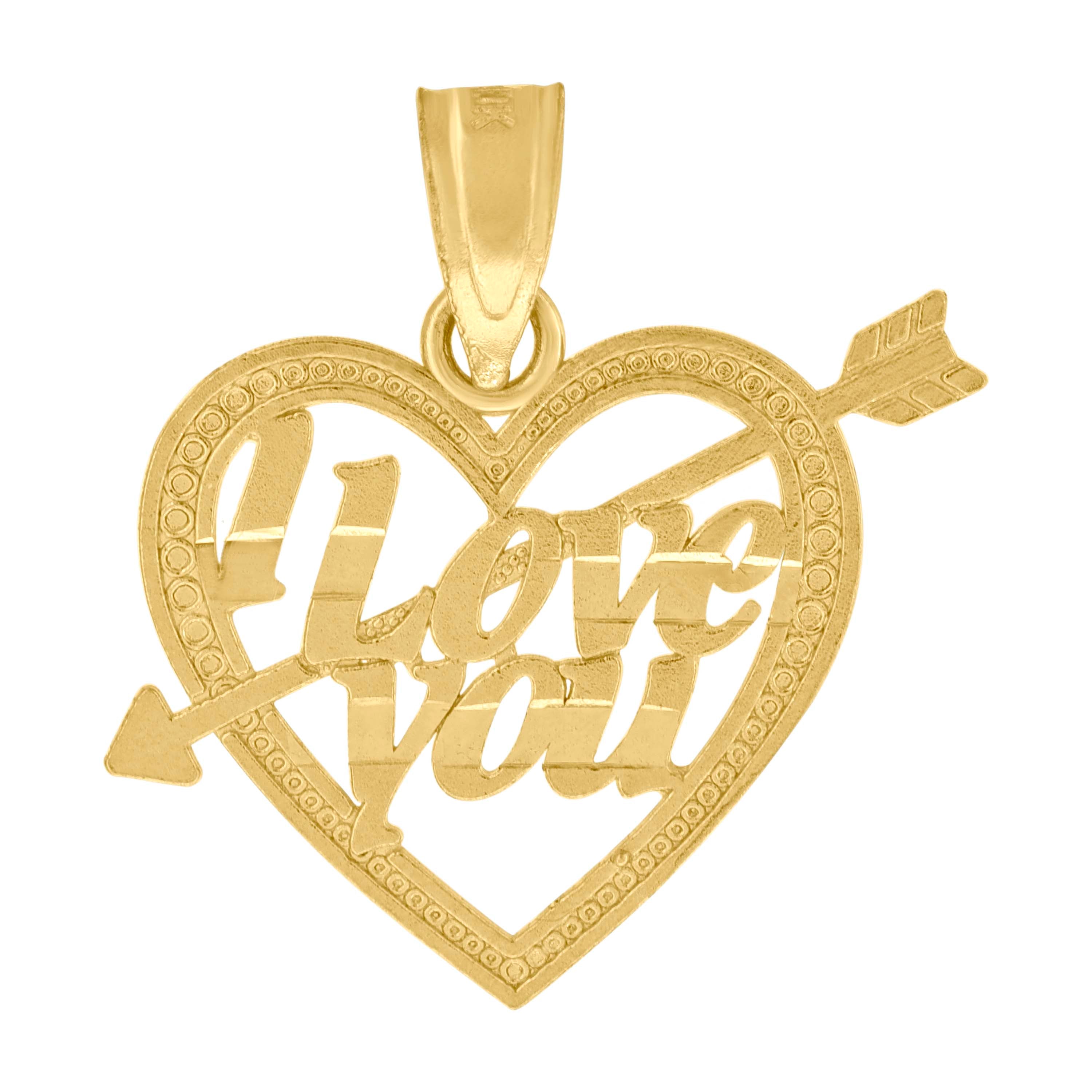 10kt Yellow Gold Diamond-Cut Unisex I Love You Heart Charm Pendant