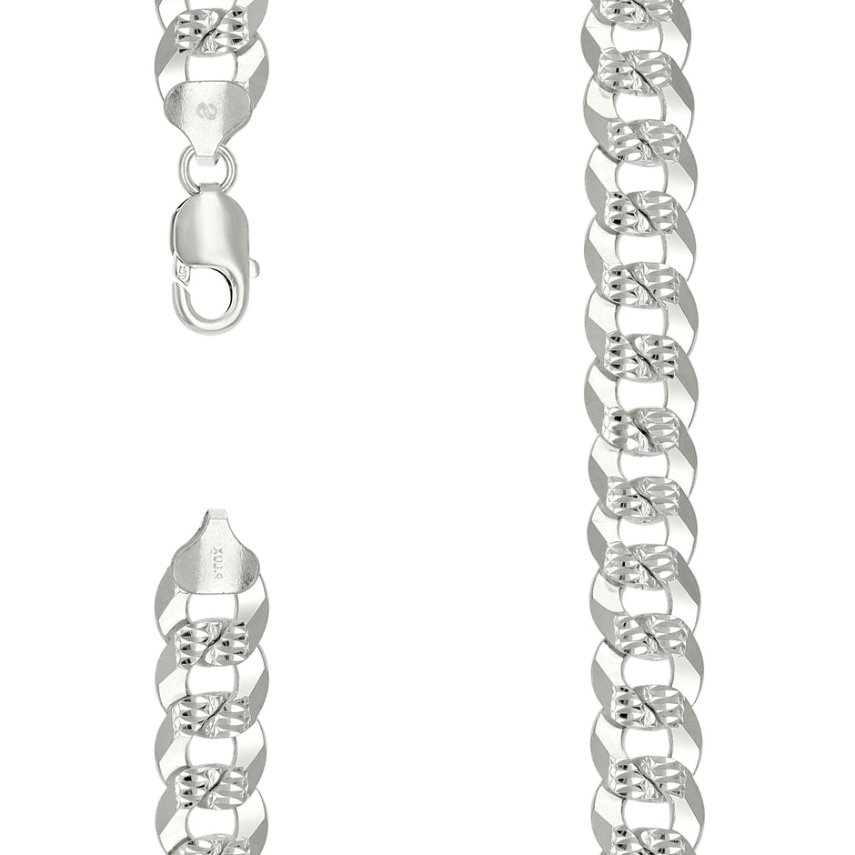 925 Sterling Silver Solid Pave Super Flat Cuban Chain Silver 350 10.8mm-9 - SLV-141135