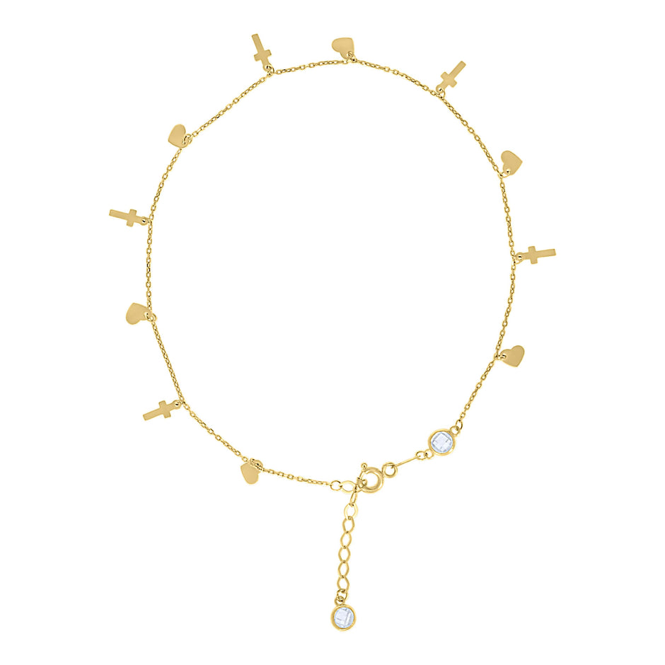 14kt Yellow Gold Womens Cubic-Zirconia Heart Cross Charms Anklet Size 10 Inches