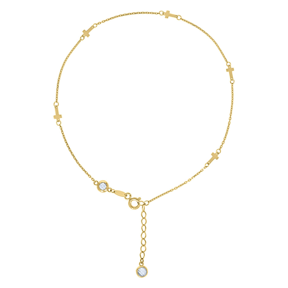 10kt Yellow Gold Womens Cubic-Zirconia Cross Charms Chain Anklet Size 9 + 1 Inches