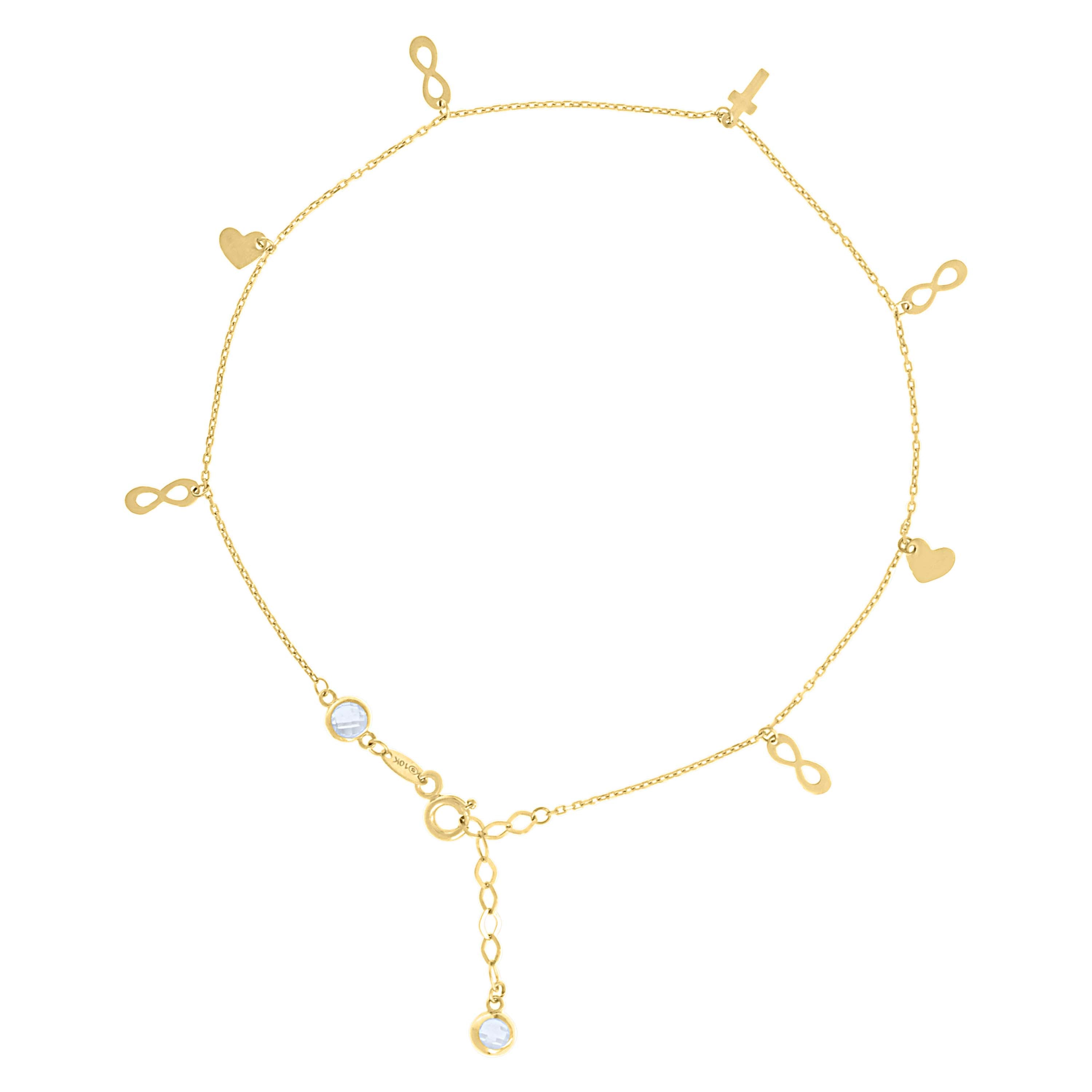 10kt Yellow Gold Womens Cubic-Zirconia Infinity Heart Charms Chain Anklet Size 9 + 1 Inches