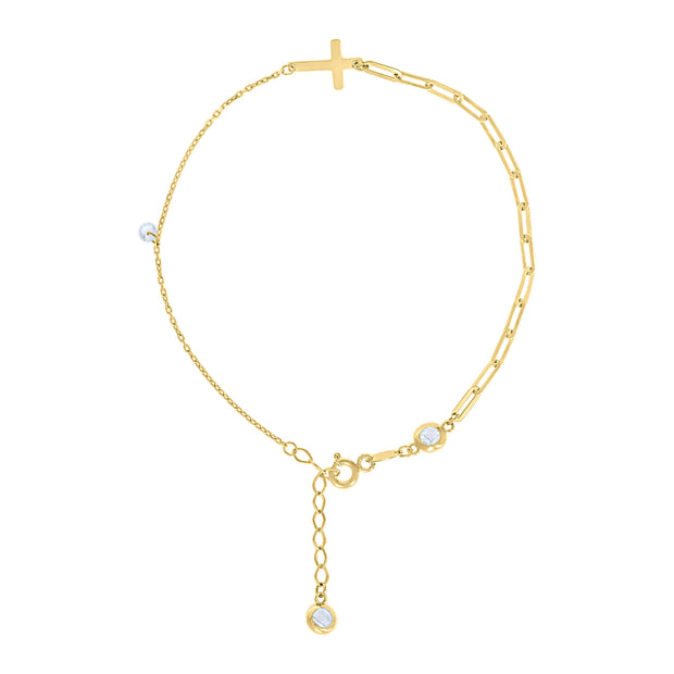 10kt Yellow Gold Womens Cubic-Zirconia Cross Charms Chain Bracelet Size 7 + 1 Inches