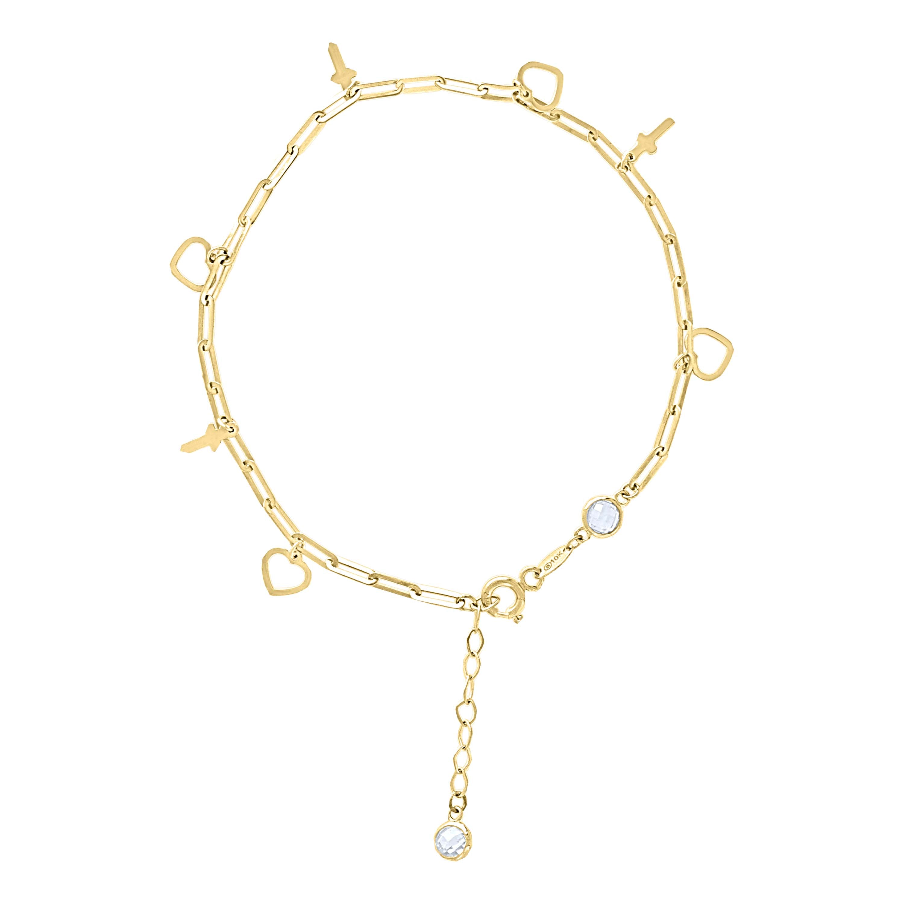 10kt Yellow Gold Womens Cubic-Zirconia Heart Cross Charms Chain Bracelet Size 7 + 1 Inches