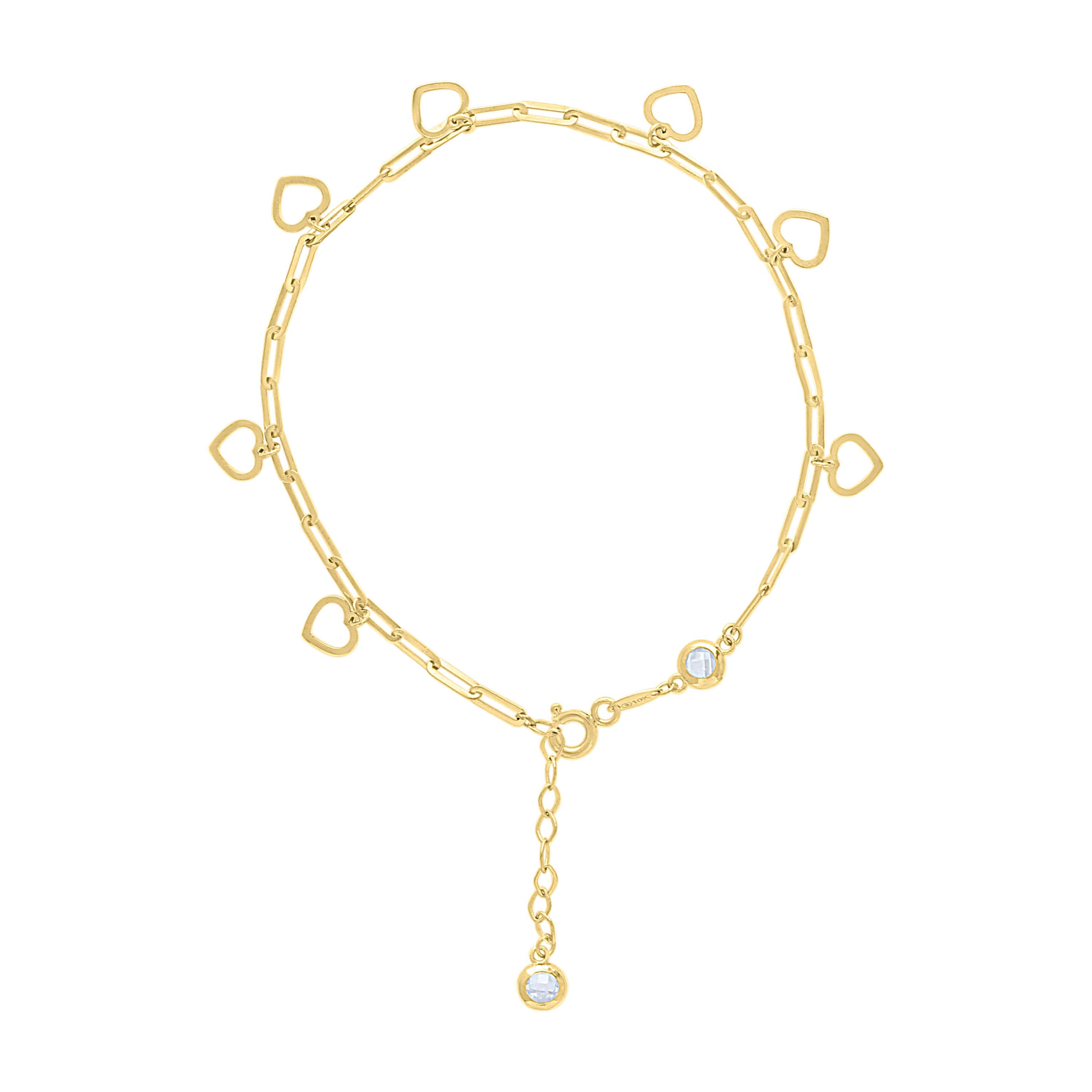 10kt Yellow Gold Womens Cubic-Zirconia Circle Heart Charms Chain Bracelet Size 7 + 1 Inches