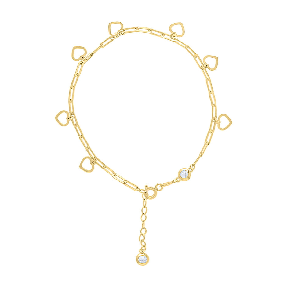 10kt Yellow Gold Womens Cubic-Zirconia Circle Heart Charms Chain Bracelet Size 7 + 1 Inches