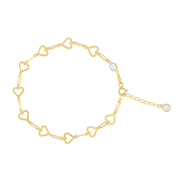 10kt Yellow Gold Womens Cubic-Zirconia Heart Link Bracelet Size 7 + 1 Inches