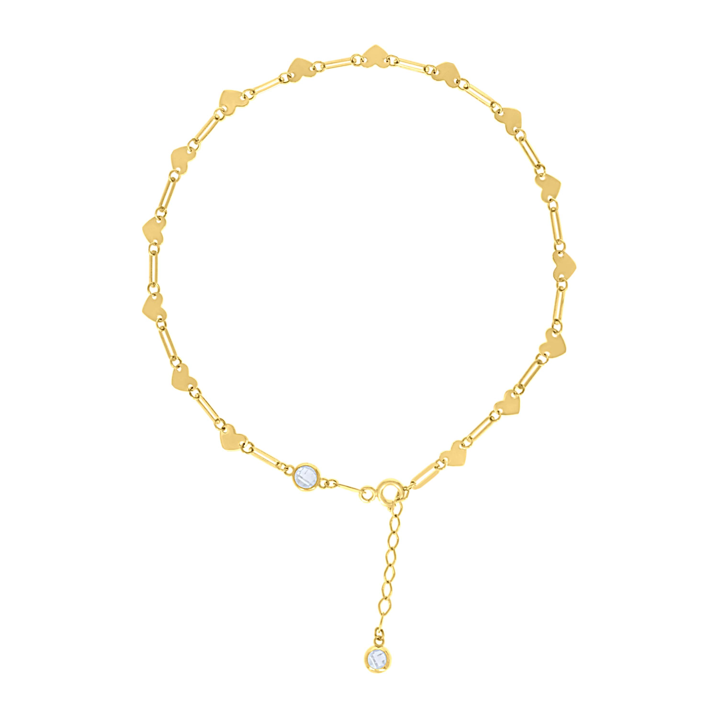 10kt Yellow Gold Womens Cubic-Zirconia Heart Link Anklet Size 9 + 1 Inches