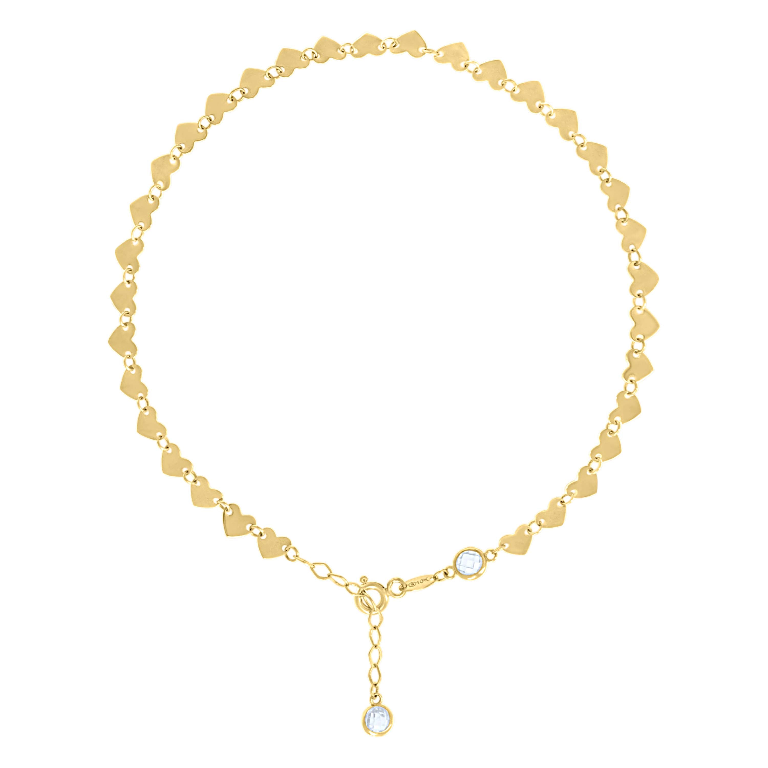 10kt Yellow Gold Womens Cubic-Zirconia Heart Link Anklet Size 9 + 1 Inches