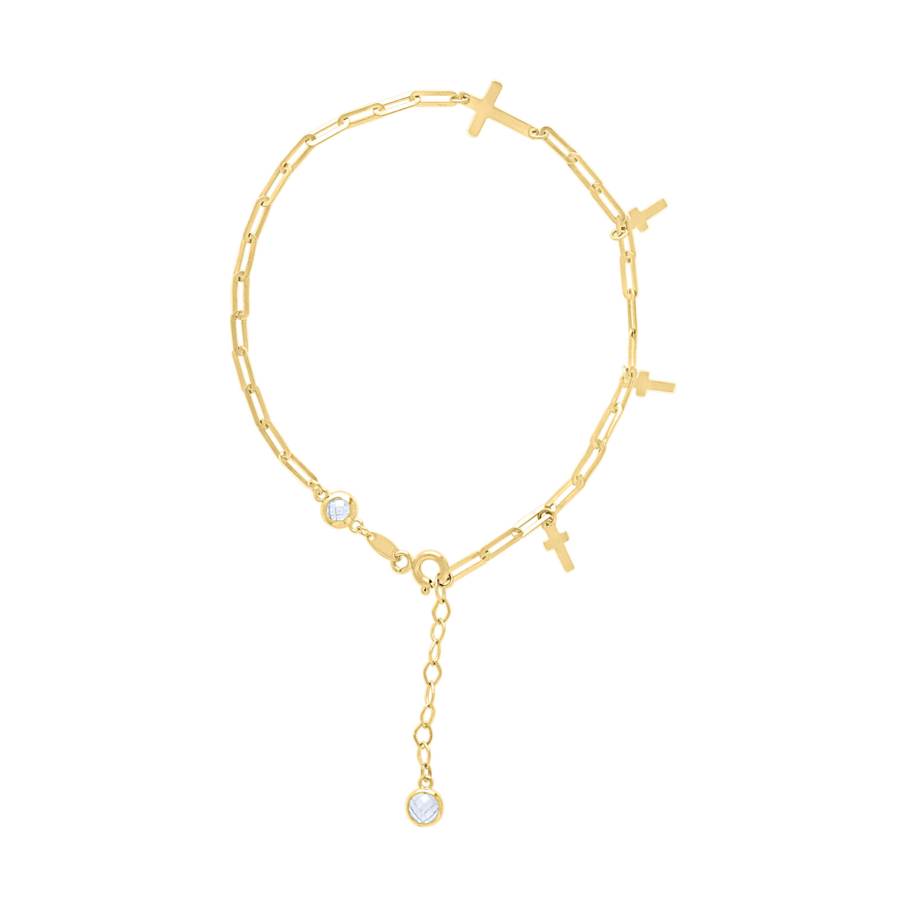 10kt Yellow Gold Womens Cubic-Zirconia Cross Charms Chain Bracelet Size 7 + 1 Inches