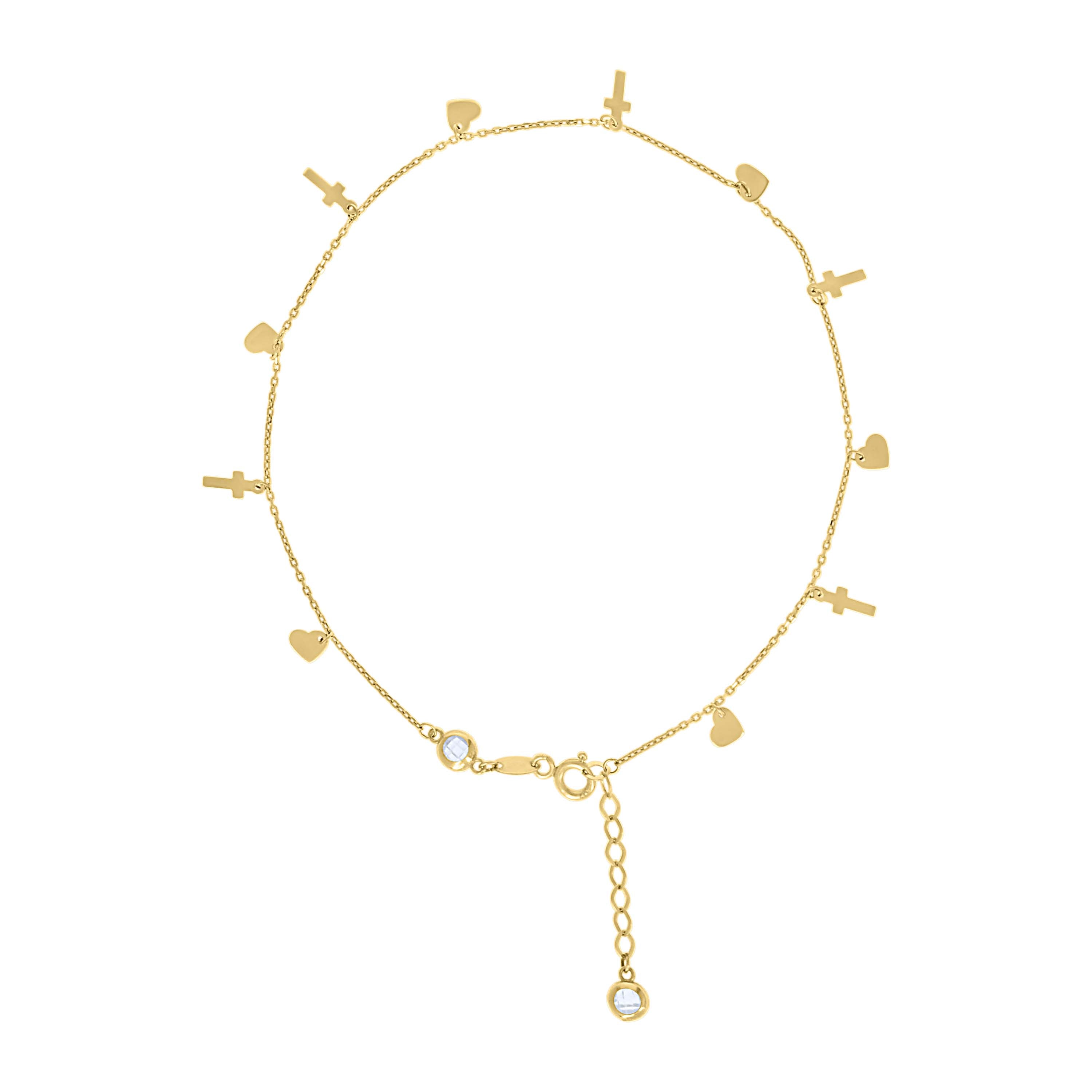 10kt Yellow Gold Womens Cubic-Zirconia Heart Cross Charms Chain Anklet Size 9 + 1 Inches