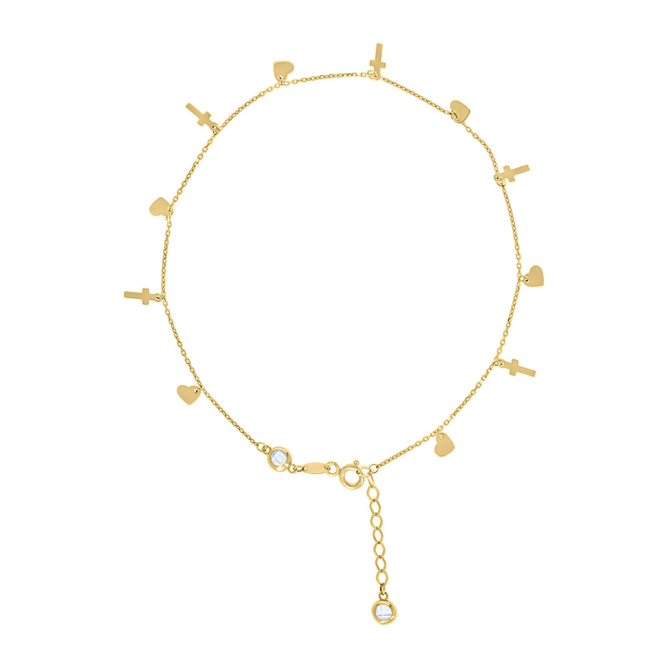 10kt Yellow Gold Womens Cubic-Zirconia Heart Cross Charms Chain Anklet Size 9 + 1 Inches