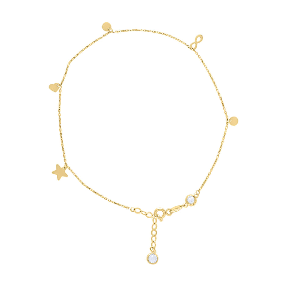10kt Yellow Gold Womens Cubic-Zirconia Infinity Heart Star Charms Chain Anklet Size 9 + 1 Inches