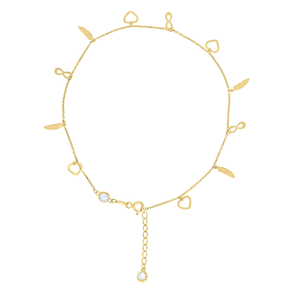 10kt Yellow Gold Womens Cubic-Zirconia Heart/Infinity/Feather Charms Chain Anklet Size 9 + 1 Inches