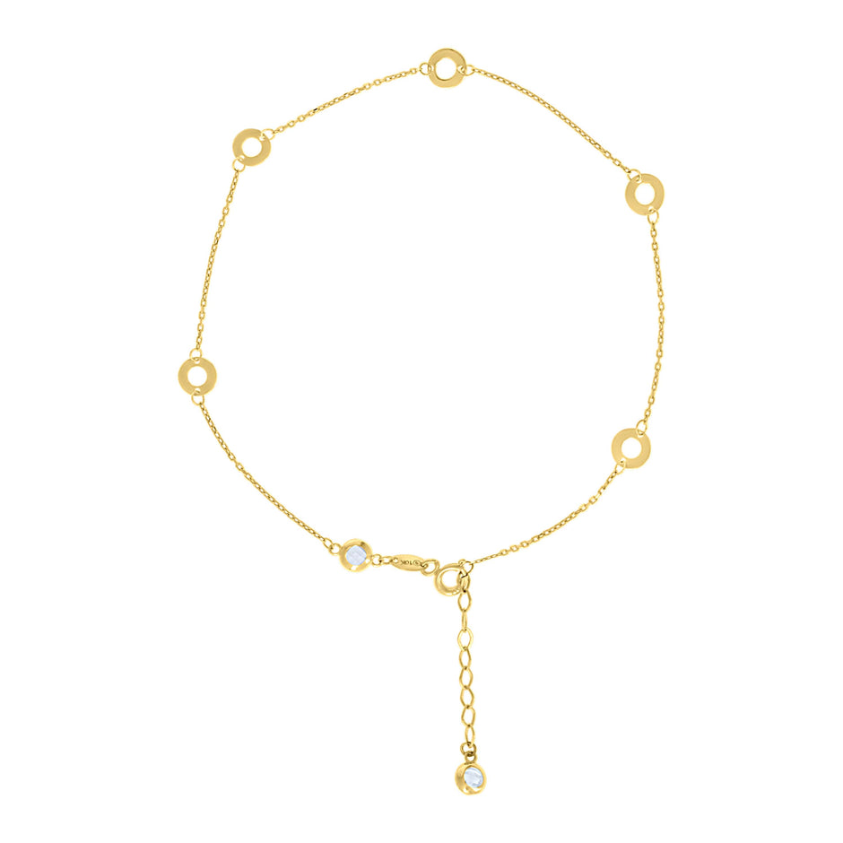 10kt Yellow Gold Womens Cubic-Zirconia Circle Charms Chain Anklet Size 9 + 1 Inches