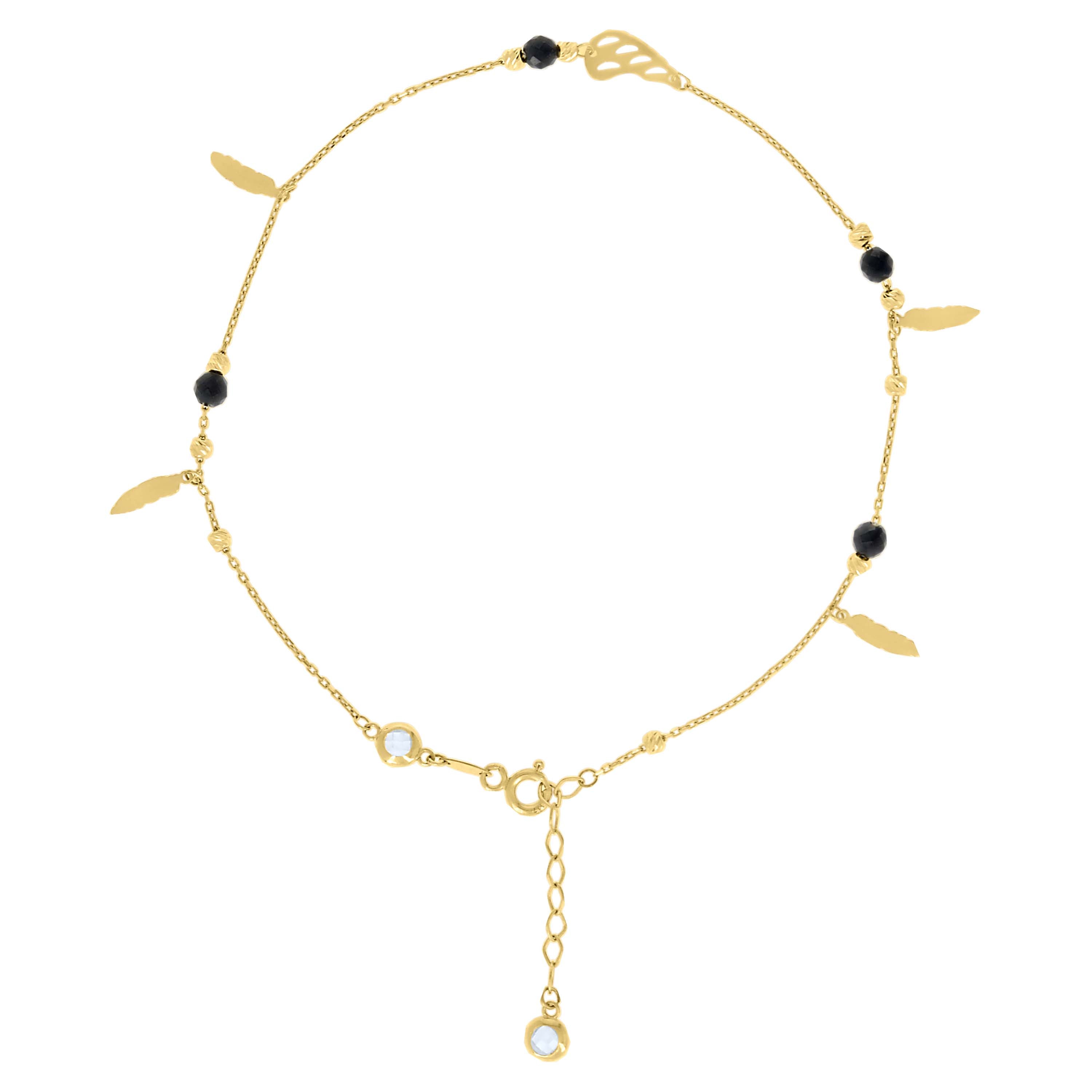 10kt Yellow Gold Womens Cubic-Zirconia Diamond-cut Black Beaded Feather Charms Chain Anklet Size 9 + 1 Inches
