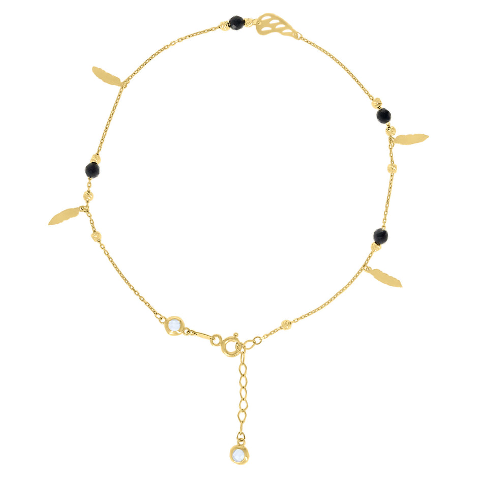 10kt Yellow Gold Womens Cubic-Zirconia Diamond-cut Black Beaded Feather Charms Chain Anklet Size 9 + 1 Inches