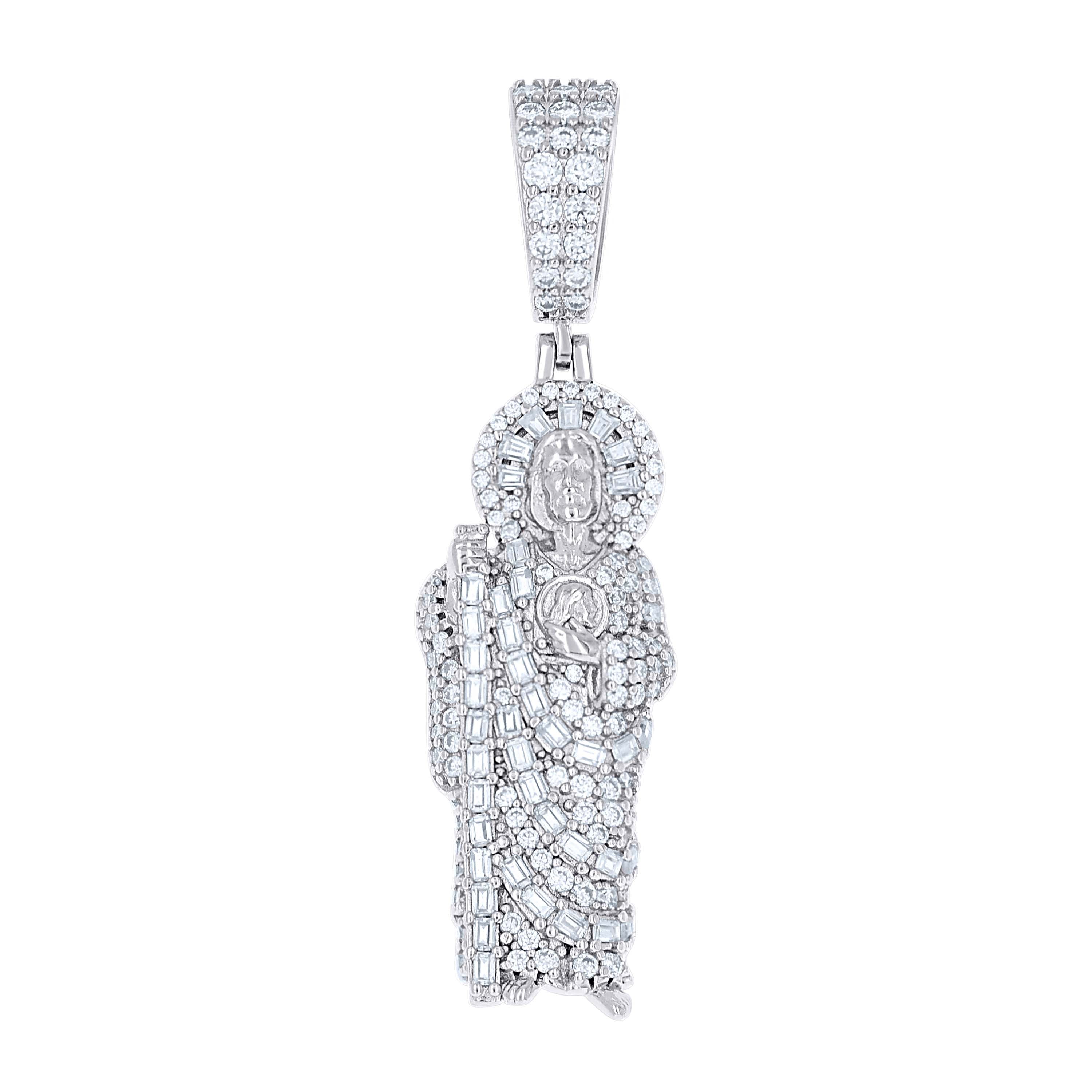 925 Sterling Silver Mens Round Baguette 0.78ct, 0.78ct Moissanite St. Jude Religious Pendant