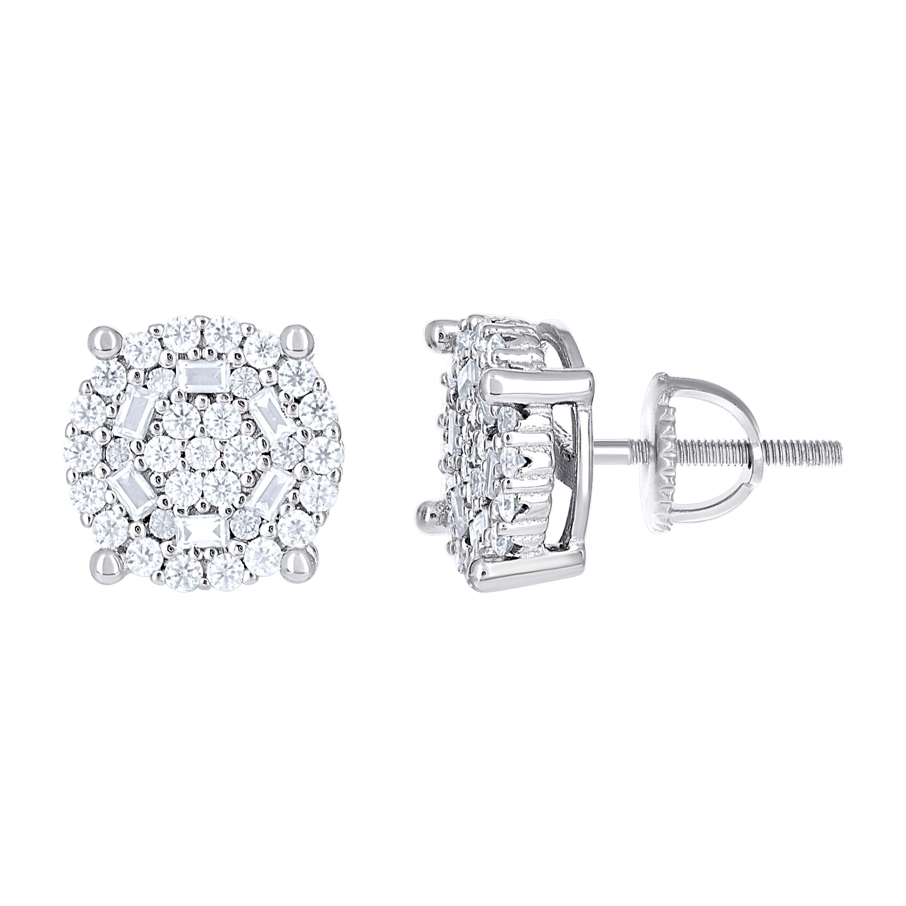 925 Sterling Silver Womens Round Baguette 0.71ct, 0.37ct Moissanite Round Fashion Stud Earrings