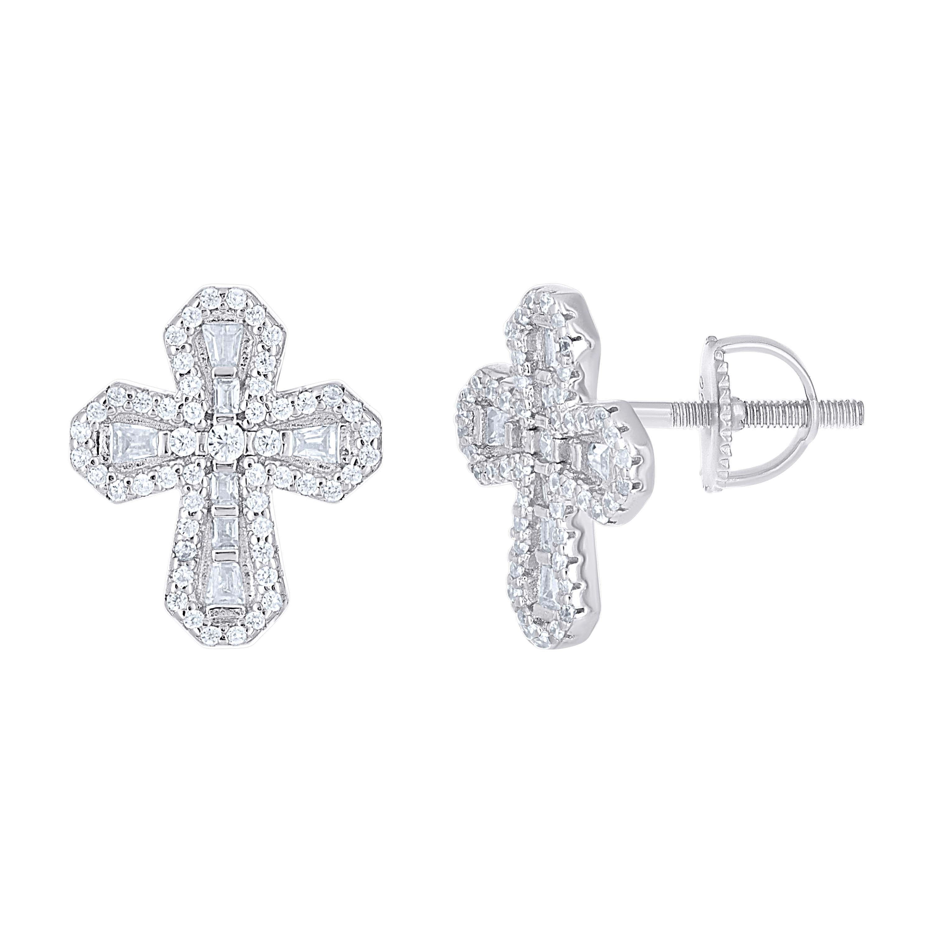 925 Sterling Silver Unisex Round Baguette 0.35ct, 0.38ct Moissanite Cross Religious Stud Earrings
