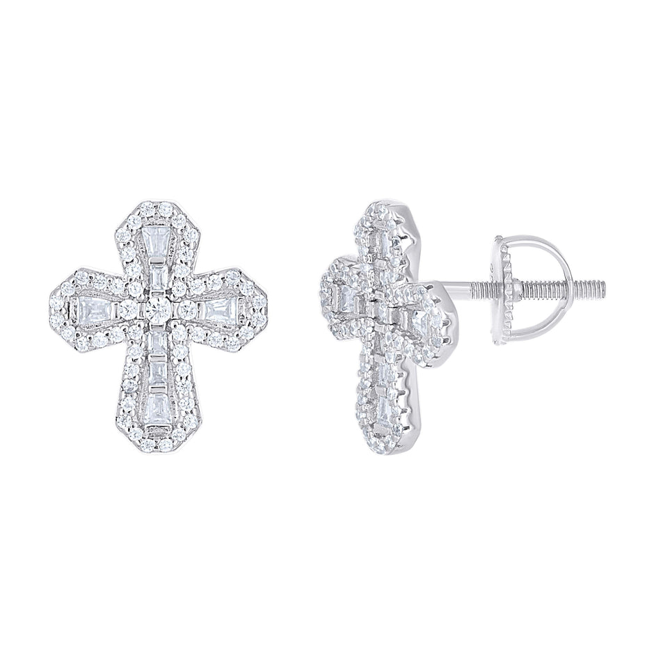 925 Sterling Silver Unisex Round Baguette 0.35ct, 0.38ct Moissanite Cross Religious Stud Earrings