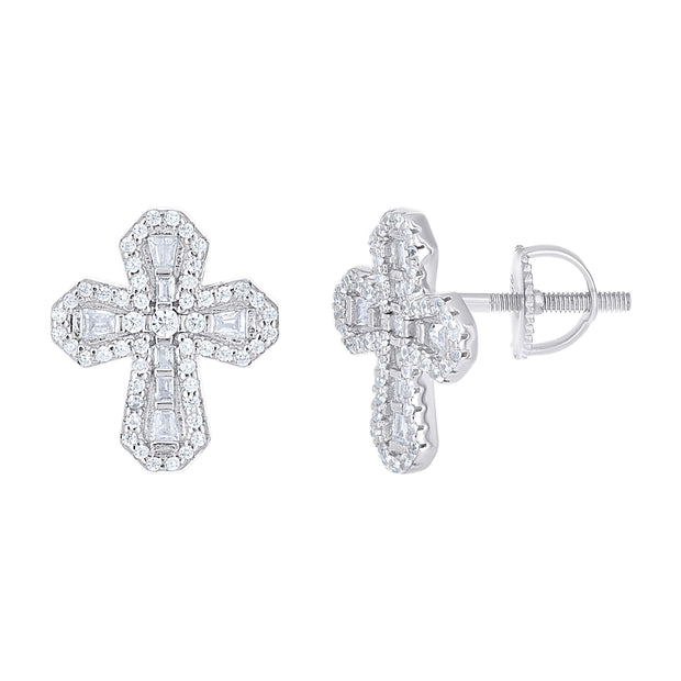 925 Sterling Silver Unisex Round Baguette 0.35ct, 0.38ct Moissanite Cross Religious Stud Earrings