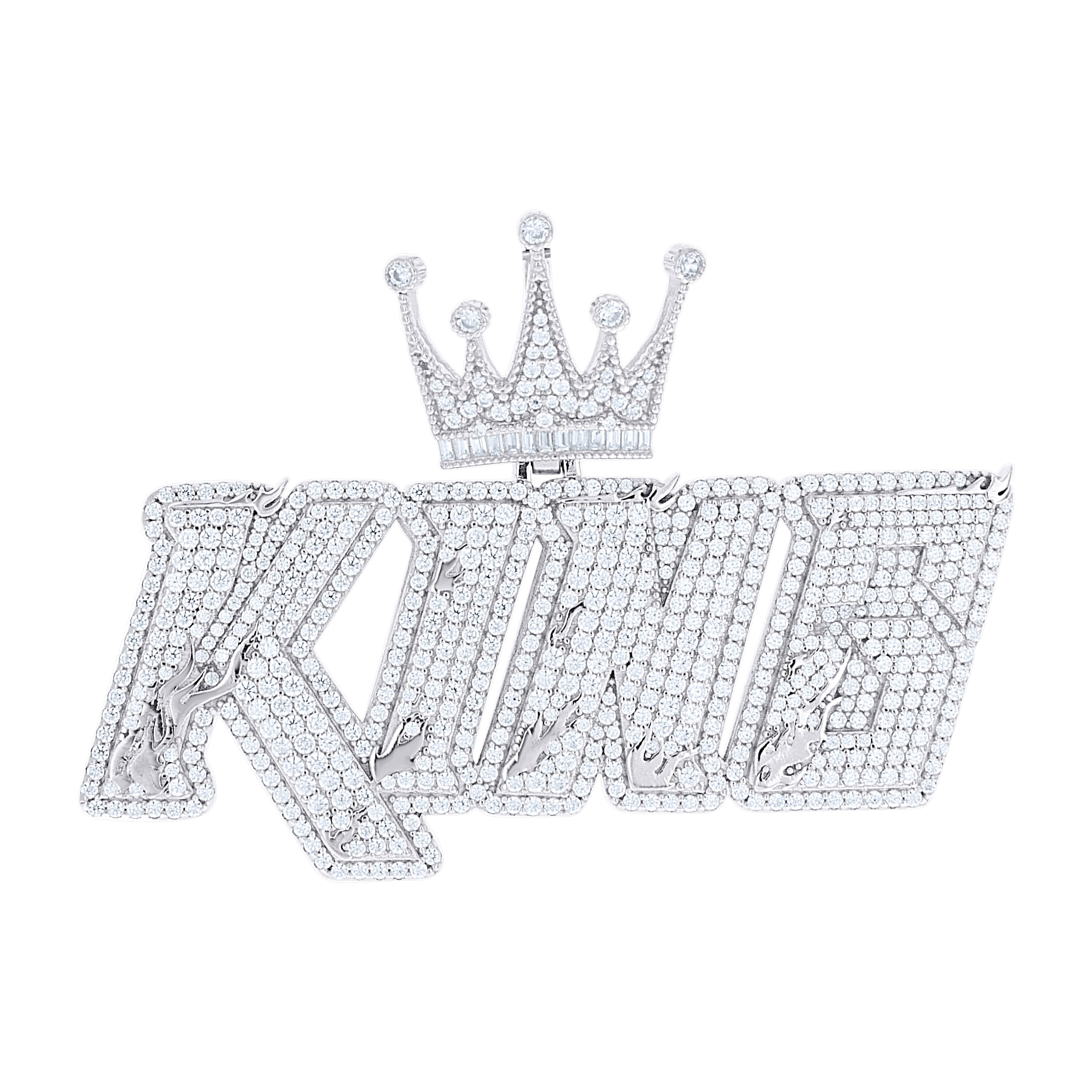 925 Sterling Silver Mens Baguette Round Cubic-Zirconia King Crown Talking Fashion Pendant
