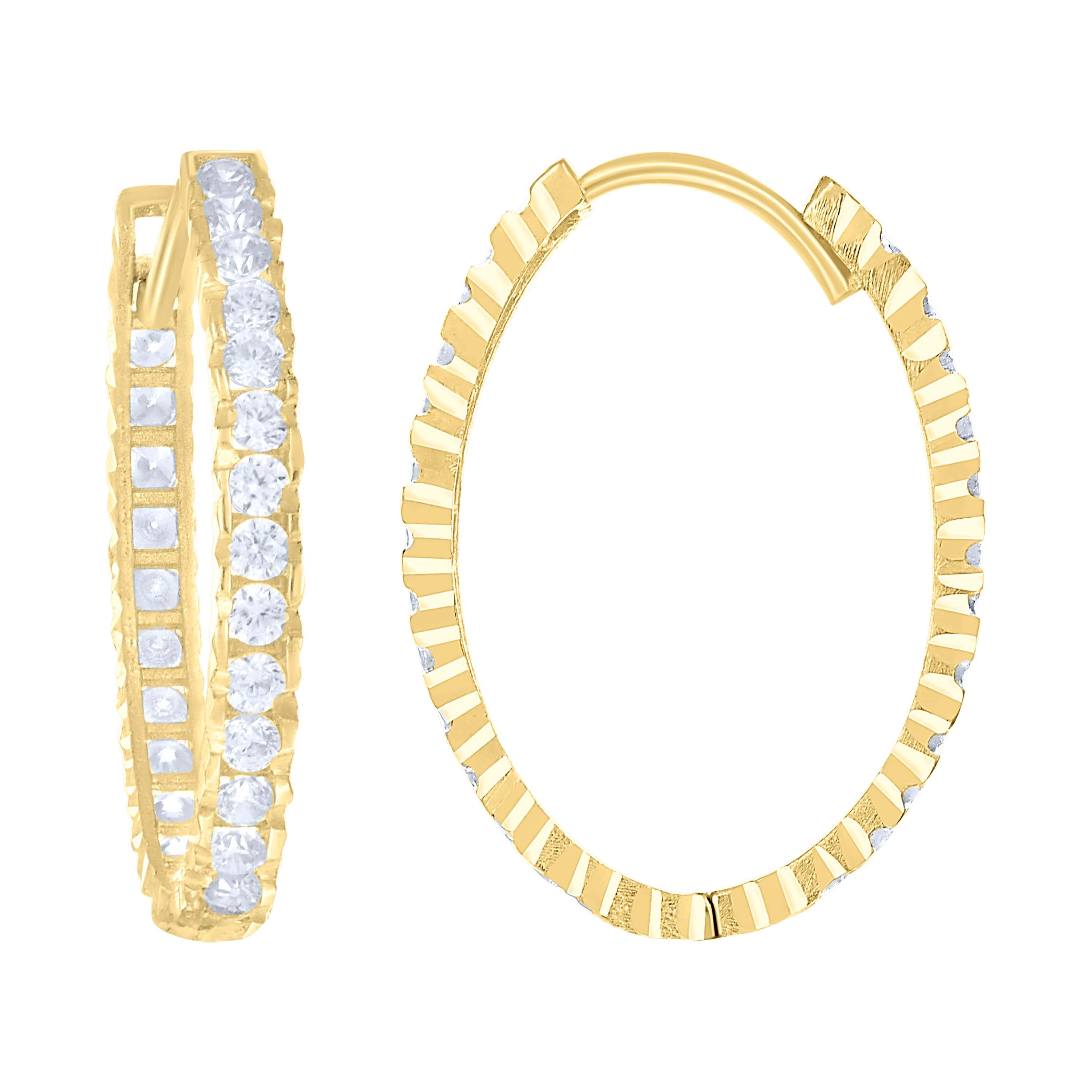 14kt Yellow Gold Womens Cubic-Zirconia Diamond-Cut Fashion Hoop Earrings